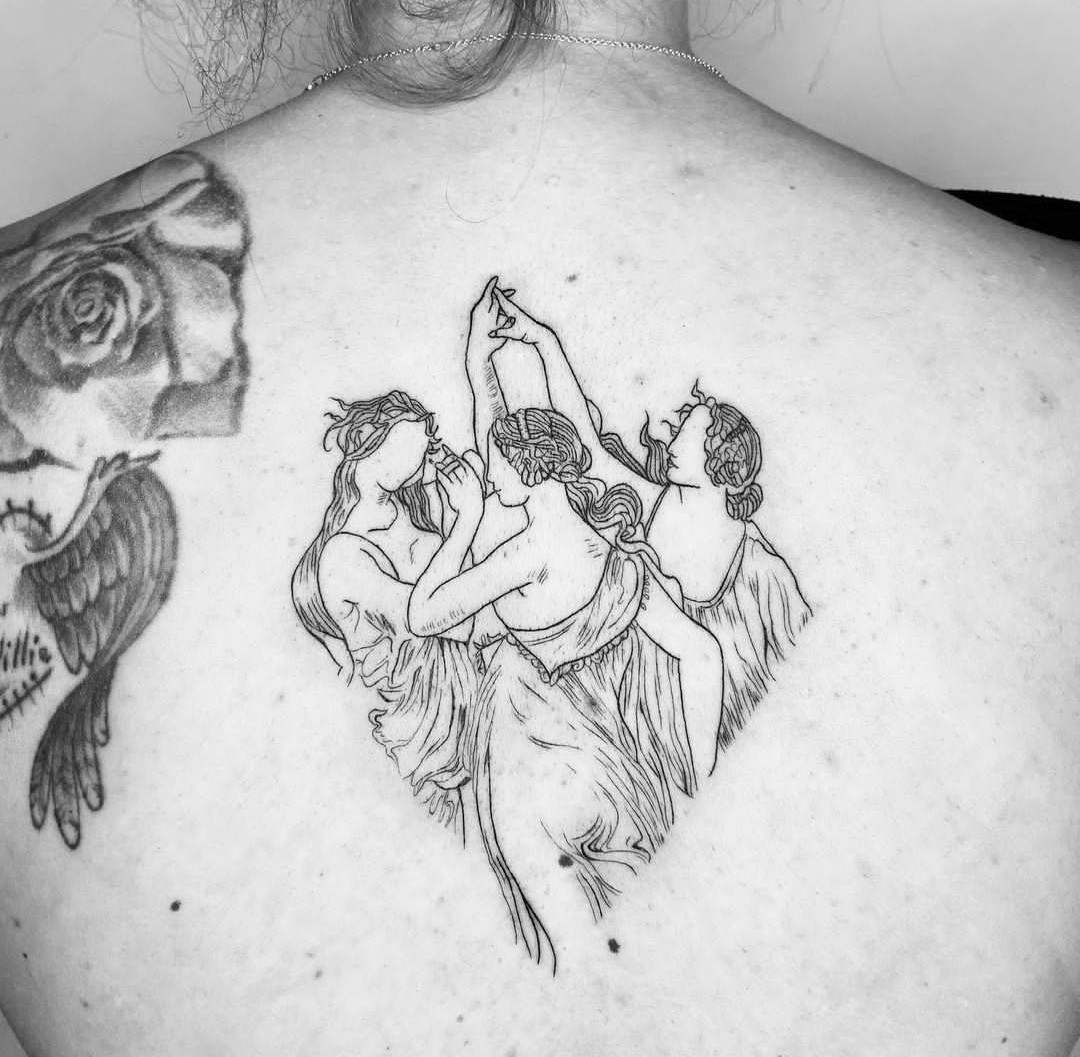 My new tattoo The Three Graces In Greek mythology the Graces were viewed  as the protectors of everything beautiful and j  Greek tattoos Tattoos  Dainty tattoos